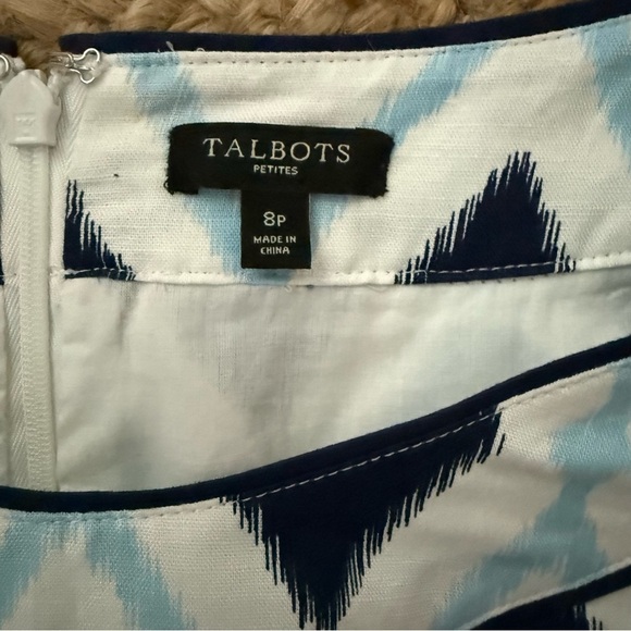 Talbots 8 Petite Blue & White Geometric Print Shift Dress Linen & Cotton Blend - Picture 2 of 6